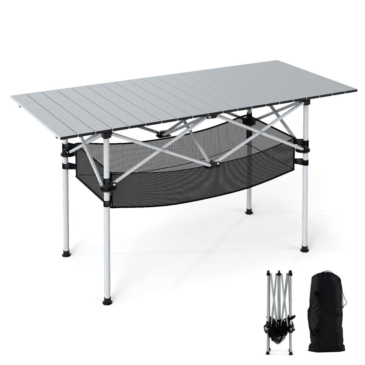 Patio Folding Camping Table with Roll-up Tabletop and Mesh Basket-Silver-Camping Furniture-DECOROLALA