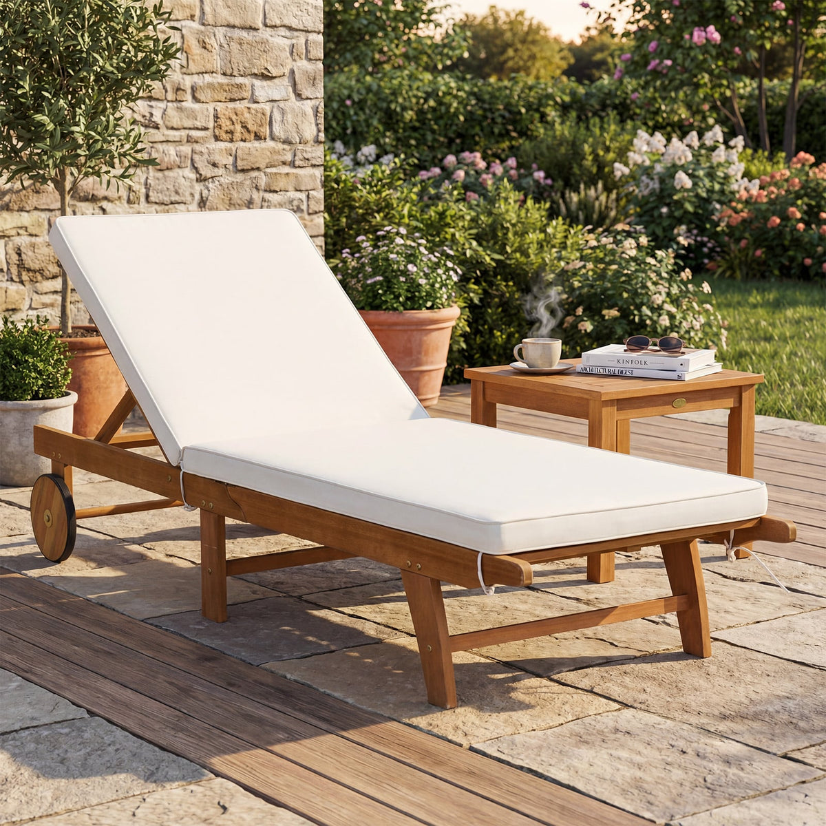 Patio Folding Eucalyptus Wood Chaise Lounge with 5-Level Adjustable Backrest-Outdoor Chaise Lounges-DECOROLALA