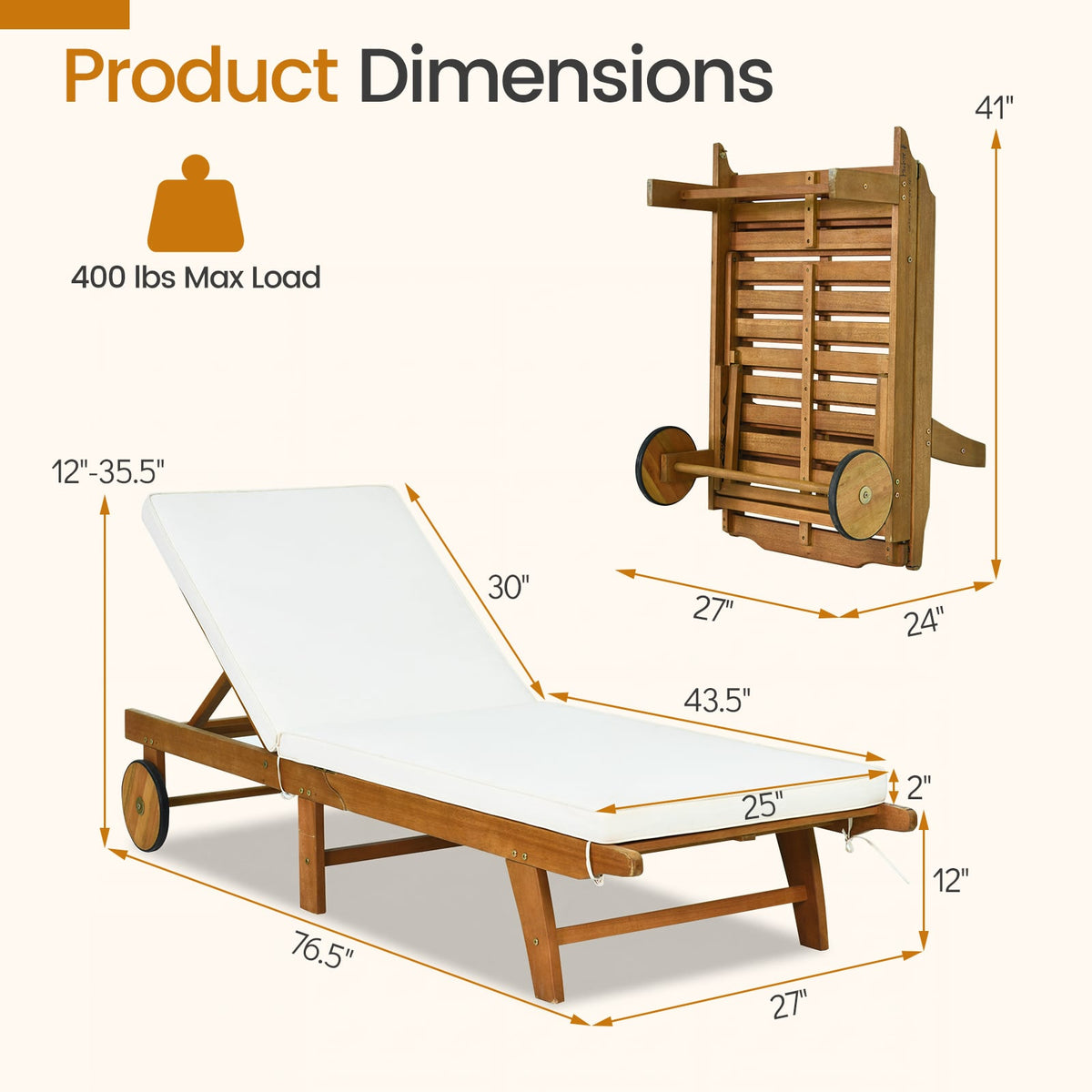 Patio Folding Eucalyptus Wood Chaise Lounge with 5-Level Adjustable Backrest-Outdoor Chaise Lounges-DECOROLALA