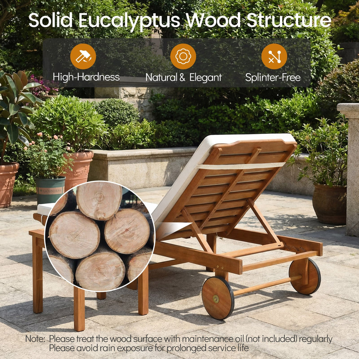 Patio Folding Eucalyptus Wood Chaise Lounge with 5-Level Adjustable Backrest-Outdoor Chaise Lounges-DECOROLALA
