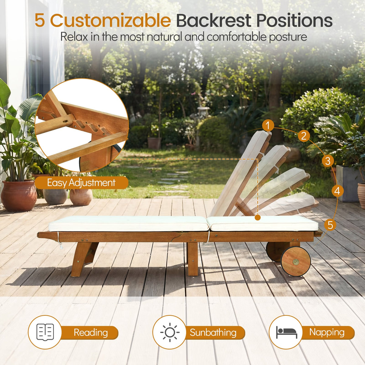 Patio Folding Eucalyptus Wood Chaise Lounge with 5-Level Adjustable Backrest-Outdoor Chaise Lounges-DECOROLALA