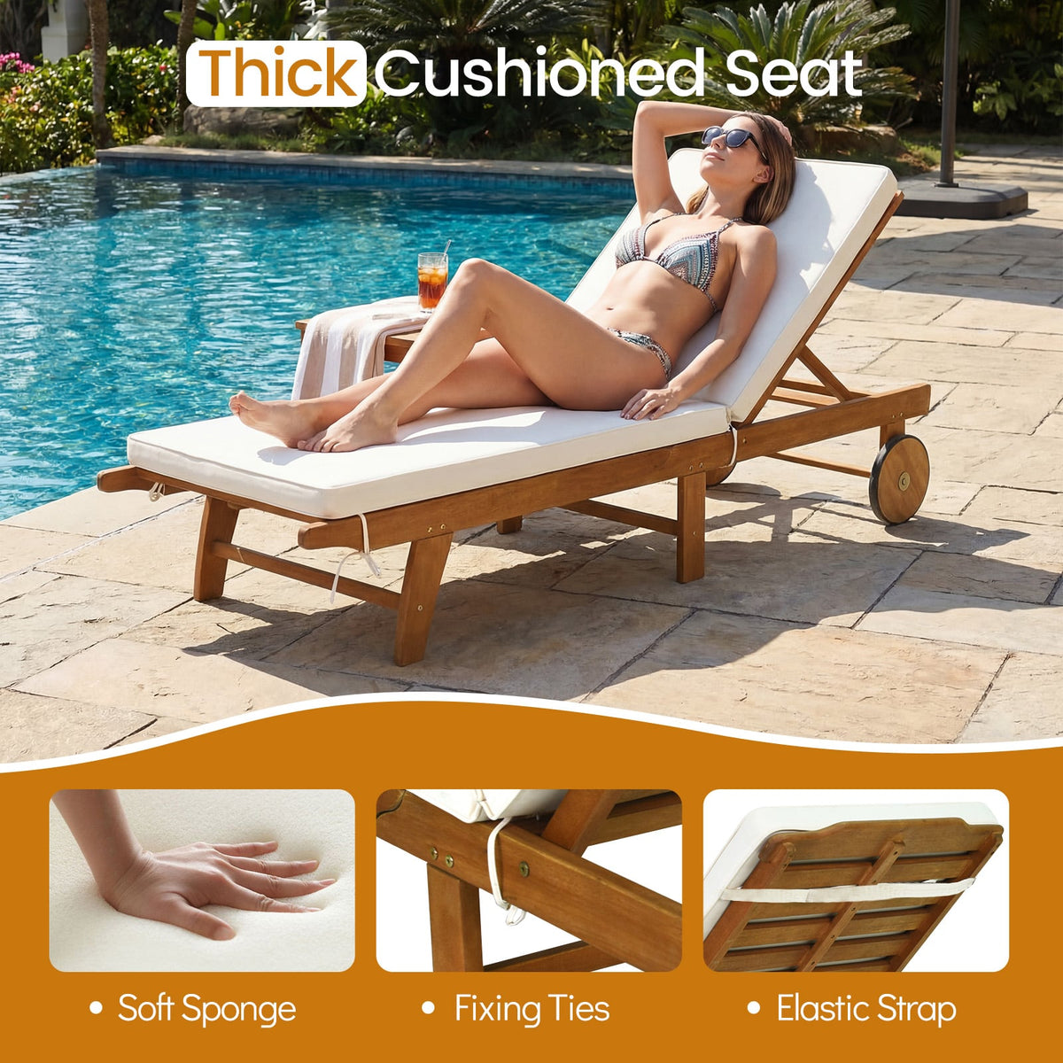 Patio Folding Eucalyptus Wood Chaise Lounge with 5-Level Adjustable Backrest-Outdoor Chaise Lounges-DECOROLALA