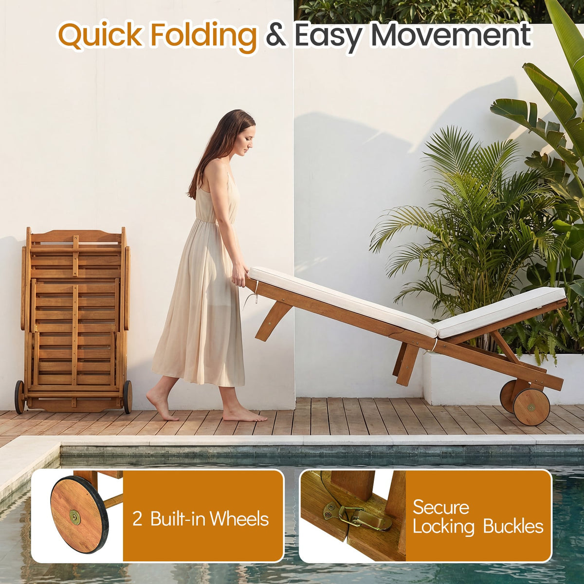 Patio Folding Eucalyptus Wood Chaise Lounge with 5-Level Adjustable Backrest-Outdoor Chaise Lounges-DECOROLALA