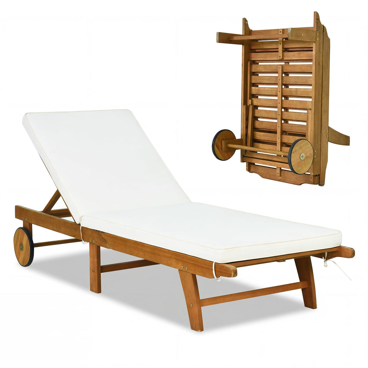 Patio Folding Eucalyptus Wood Chaise Lounge with 5-Level Adjustable Backrest-Outdoor Chaise Lounges-DECOROLALA