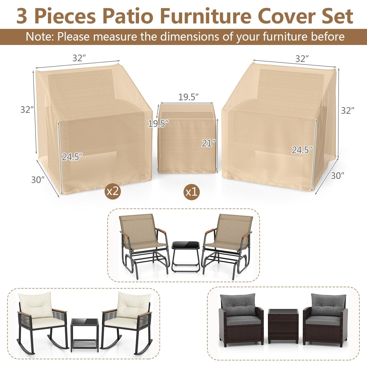 Patio Furniture Covers Waterproof Outdoor Conversation Covers for 3 Pieces Bistro Set-Beige-Outdoor Furniture Accessories-DECOROLALA
