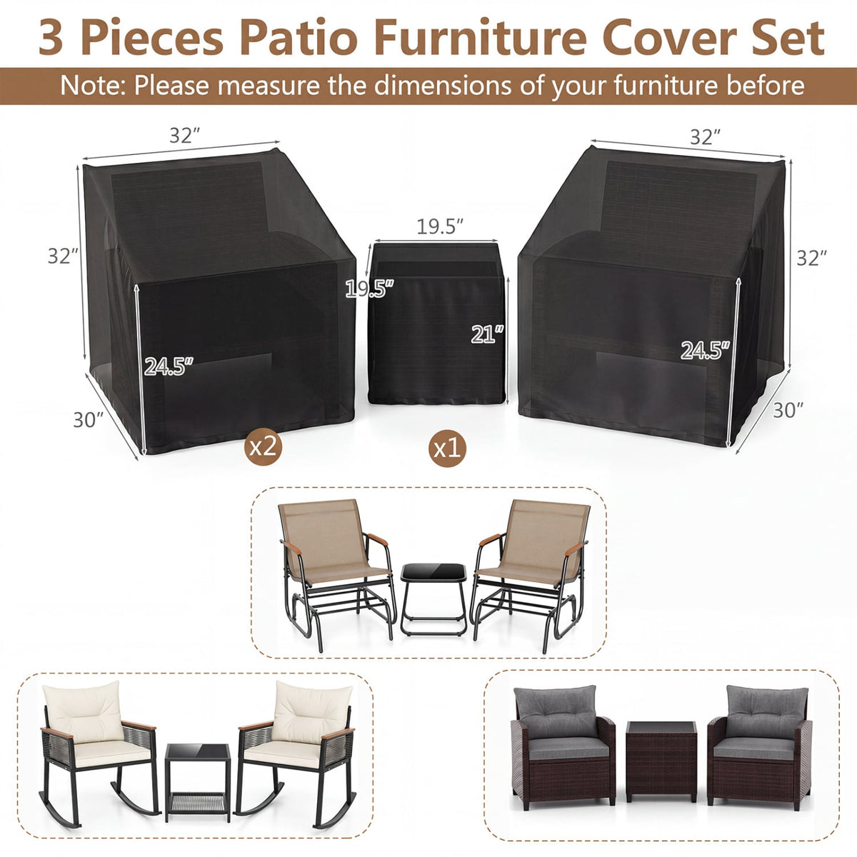 Patio Furniture Covers Waterproof Outdoor Conversation Covers for 3 Pieces Bistro Set-Black-Outdoor Furniture Accessories-DECOROLALA