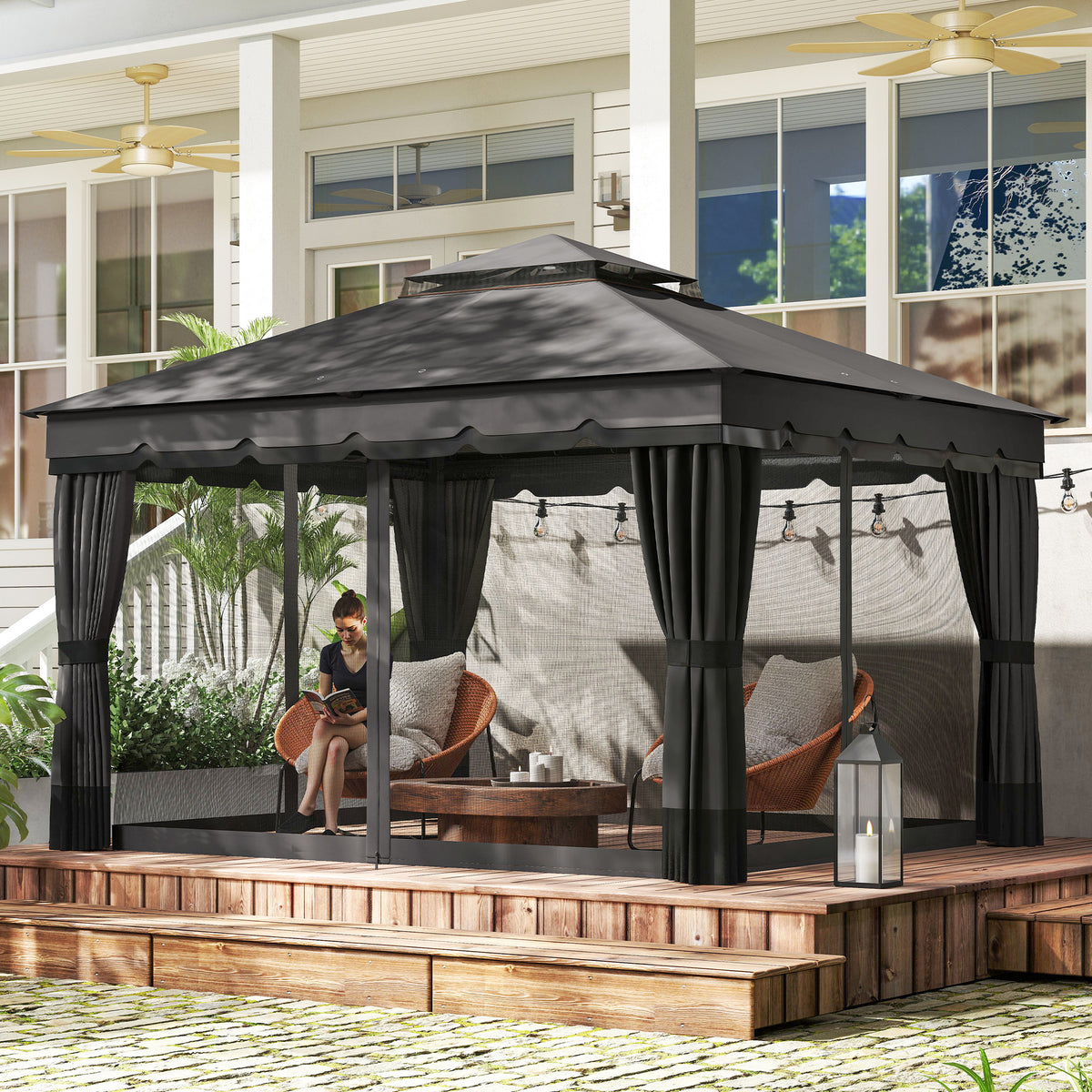 Patio Gazebo 10' x 12' Double Roof Dark Grey-Gazebos-DECOROLALA