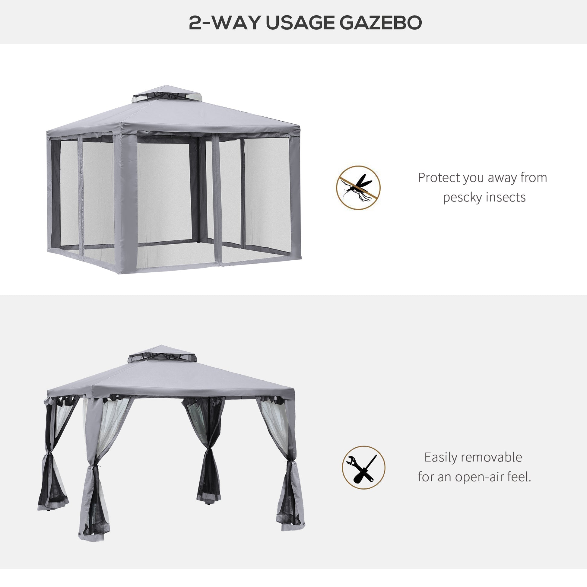 Patio Gazebo 10x10 2-Tier Roof Grey Mosquito Netting-DECOROLALA