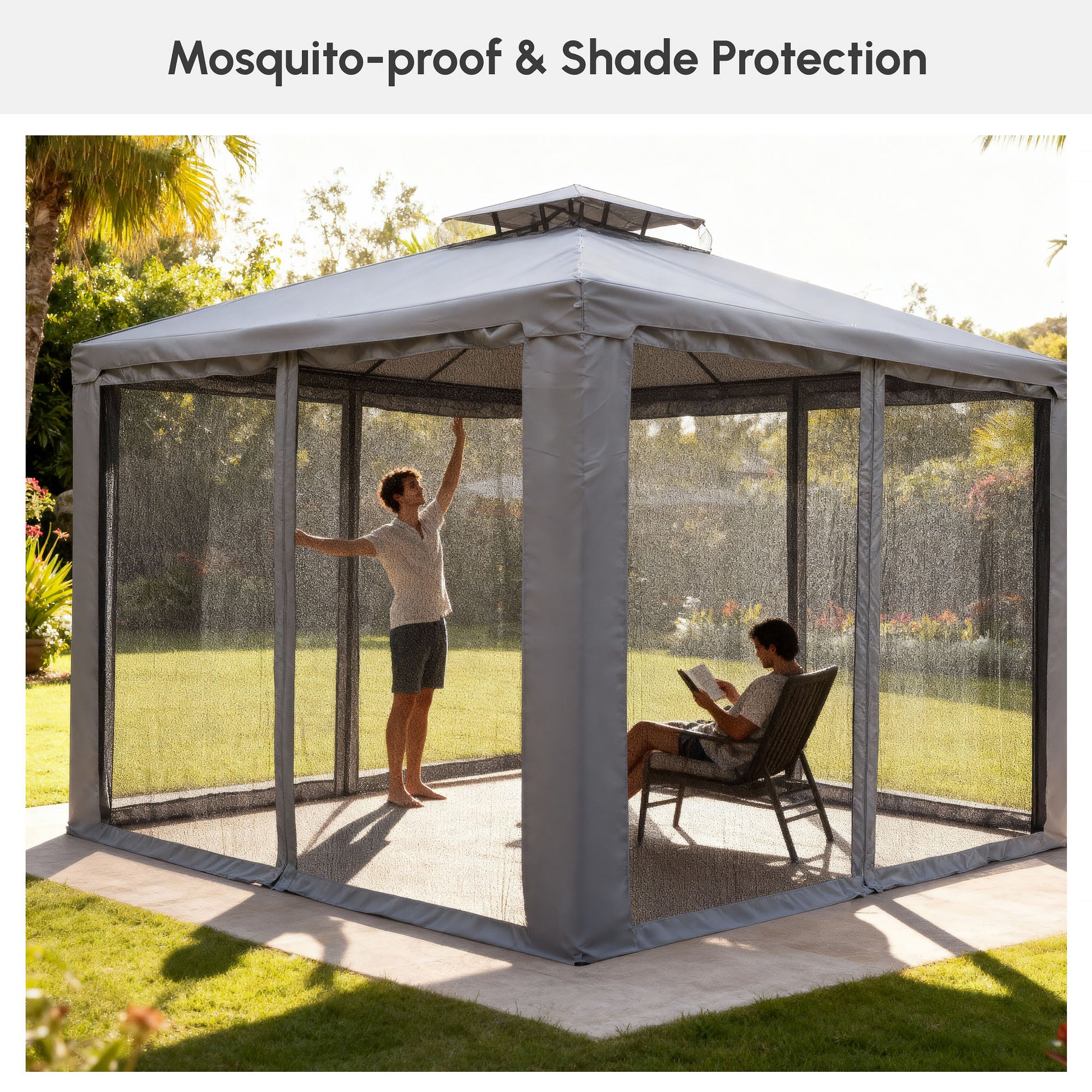 Patio Gazebo 10x10 2-Tier Roof Grey Mosquito Netting-DECOROLALA