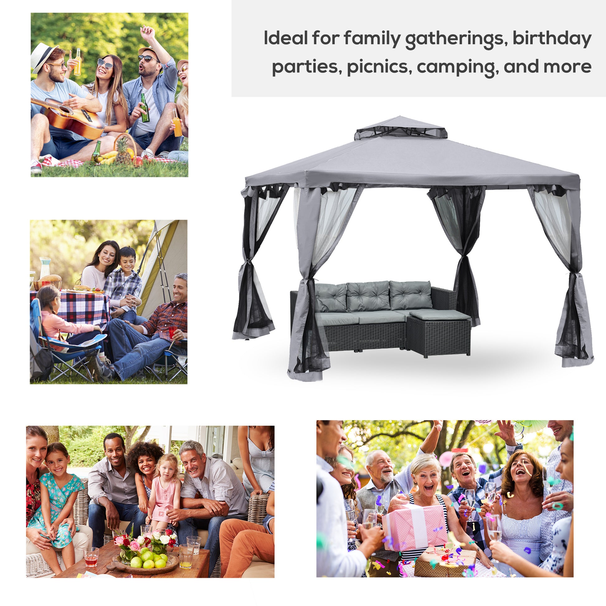 Patio Gazebo 10x10 2-Tier Roof Grey Mosquito Netting-DECOROLALA