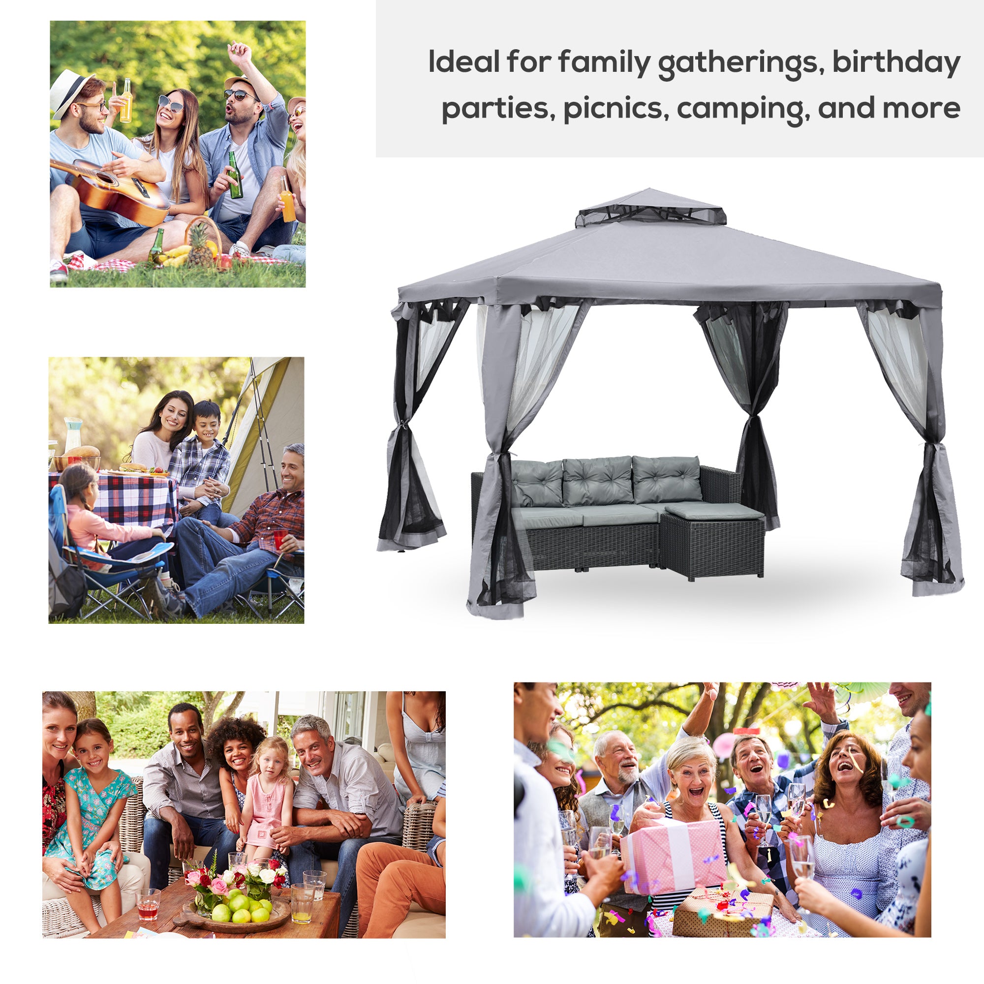 Patio Gazebo 10x10 2-Tier Roof Grey Mosquito Netting-DECOROLALA