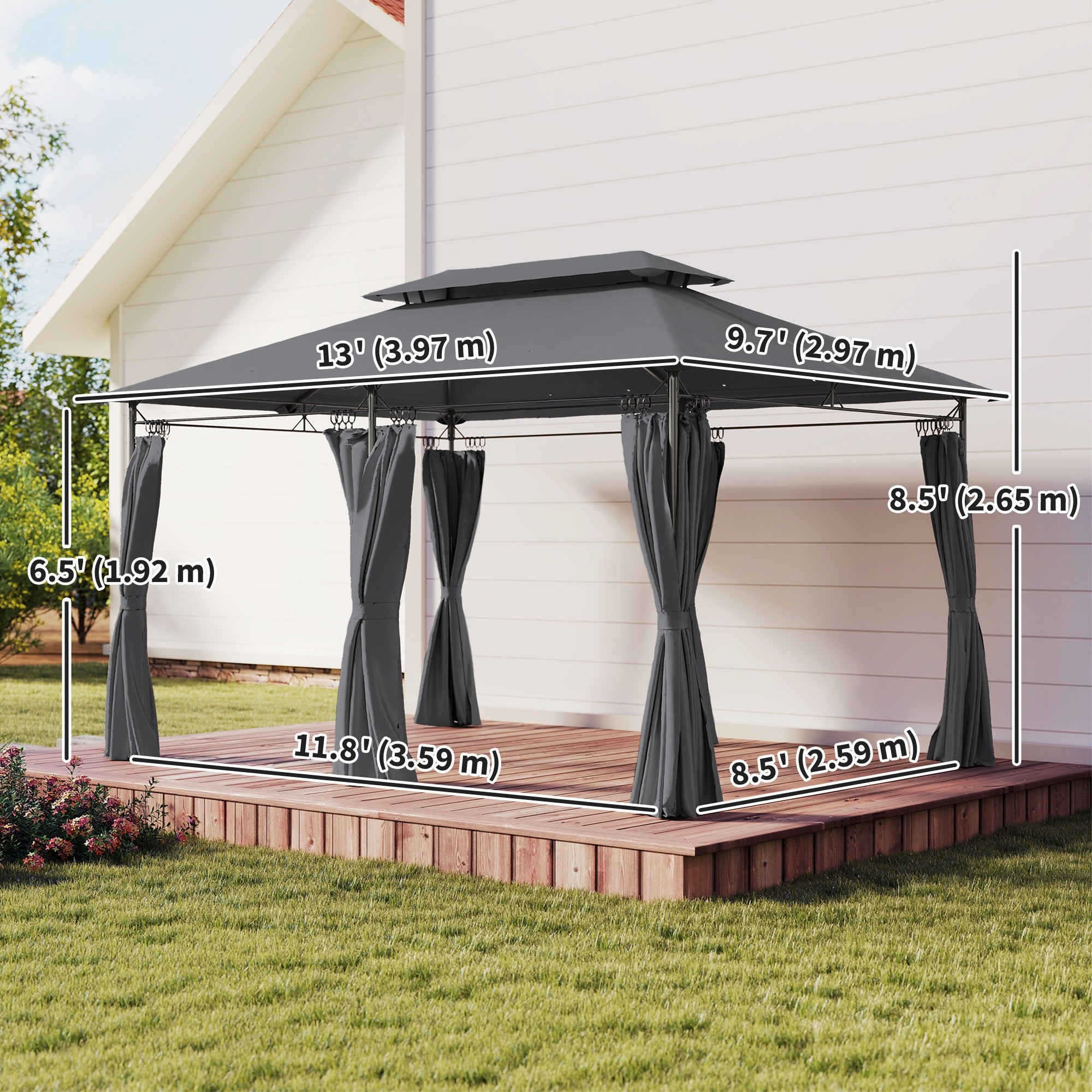 Patio Gazebo 10'x13' Double Roof Grey Curtains-DECOROLALA
