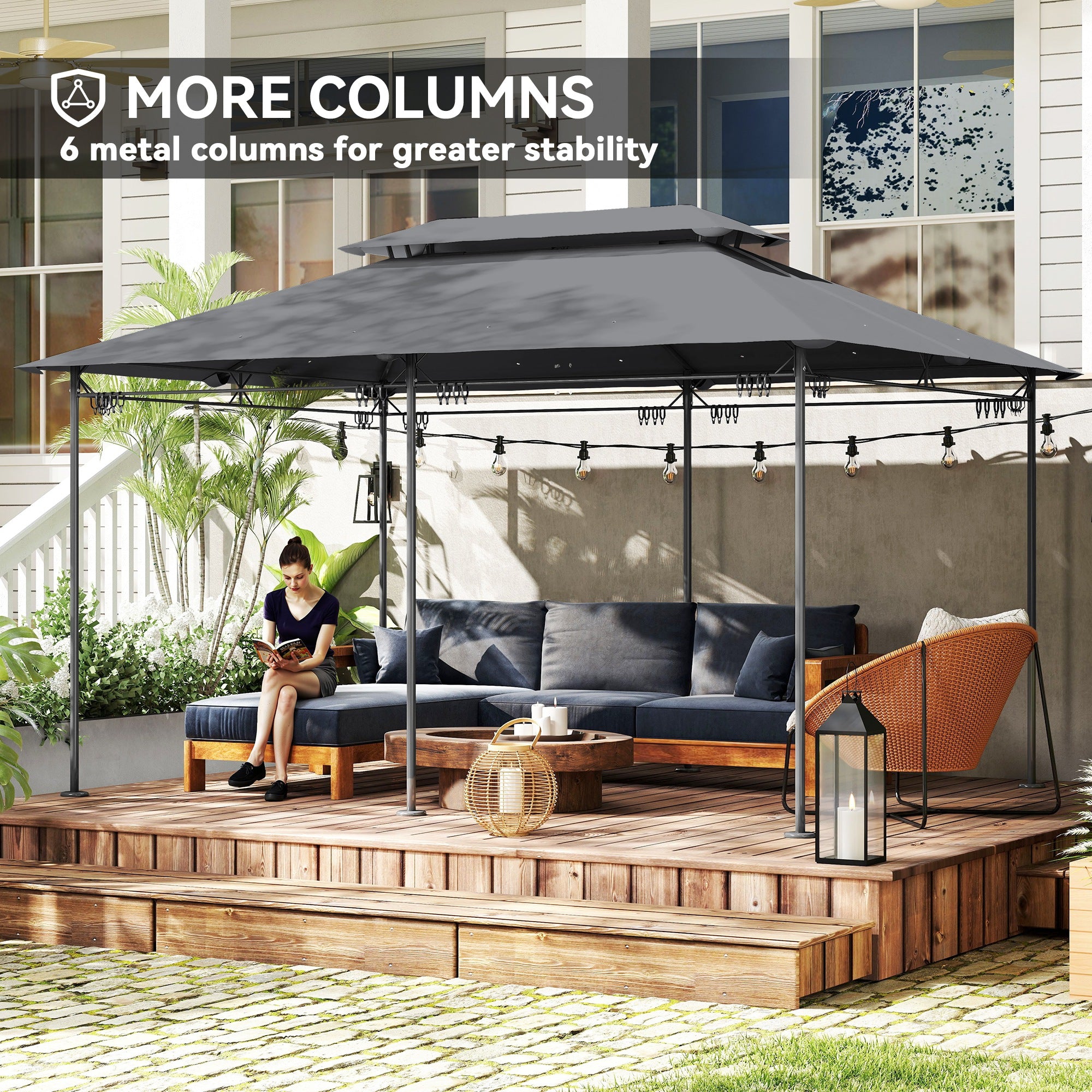 Patio Gazebo 10'x13' Double Roof Grey Curtains-DECOROLALA