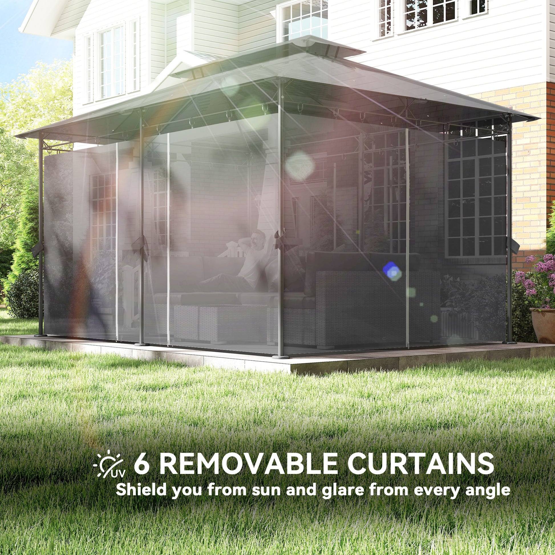 Patio Gazebo 10'x13' Double Roof Grey Curtains-DECOROLALA