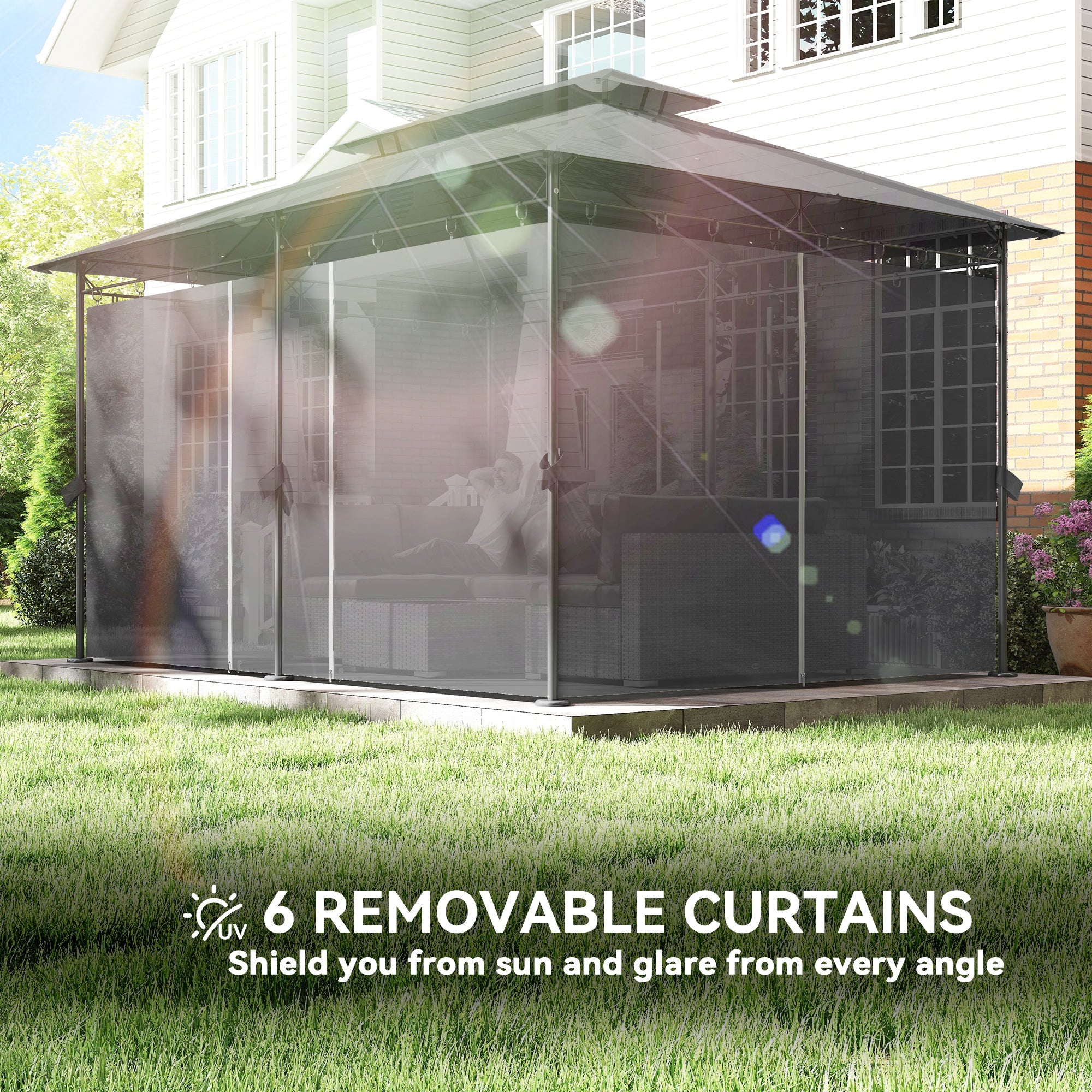 Patio Gazebo 10'x13' Double Roof Grey Curtains-DECOROLALA