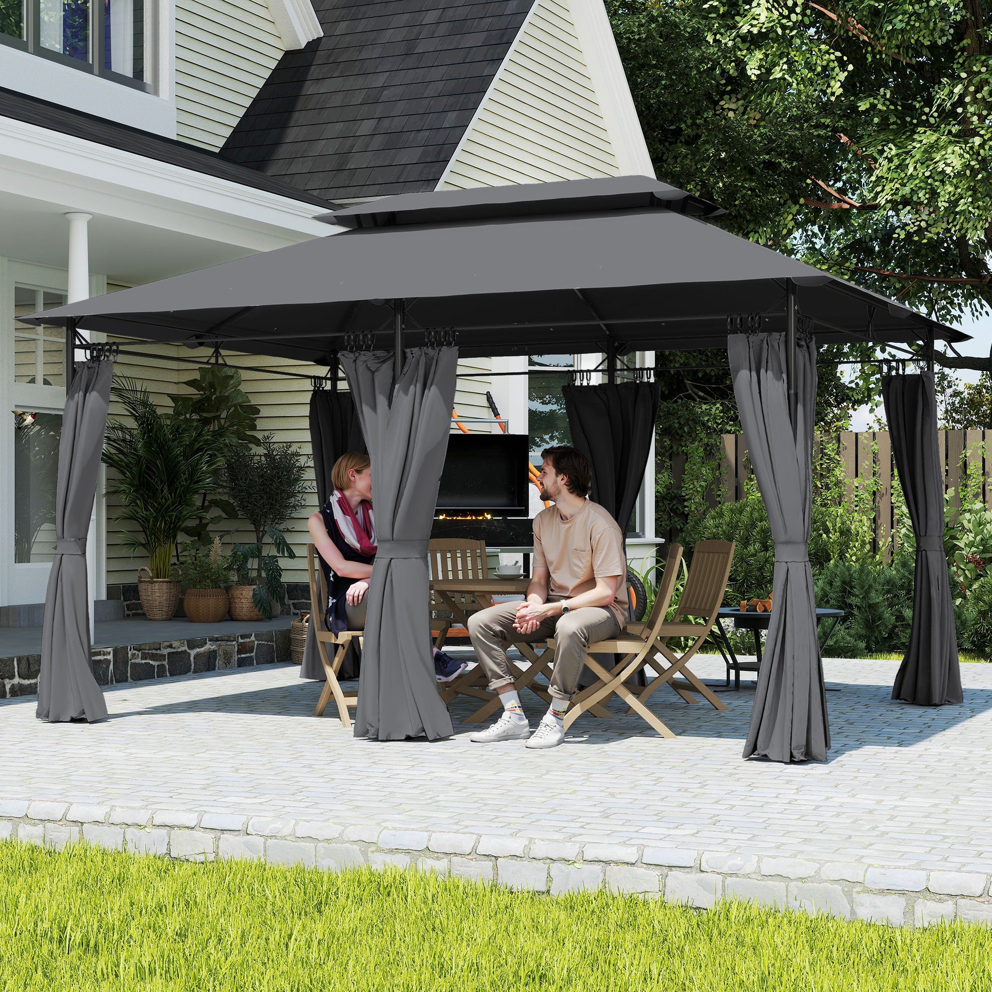 Patio Gazebo 10'x13' Double Roof Grey Curtains-DECOROLALA