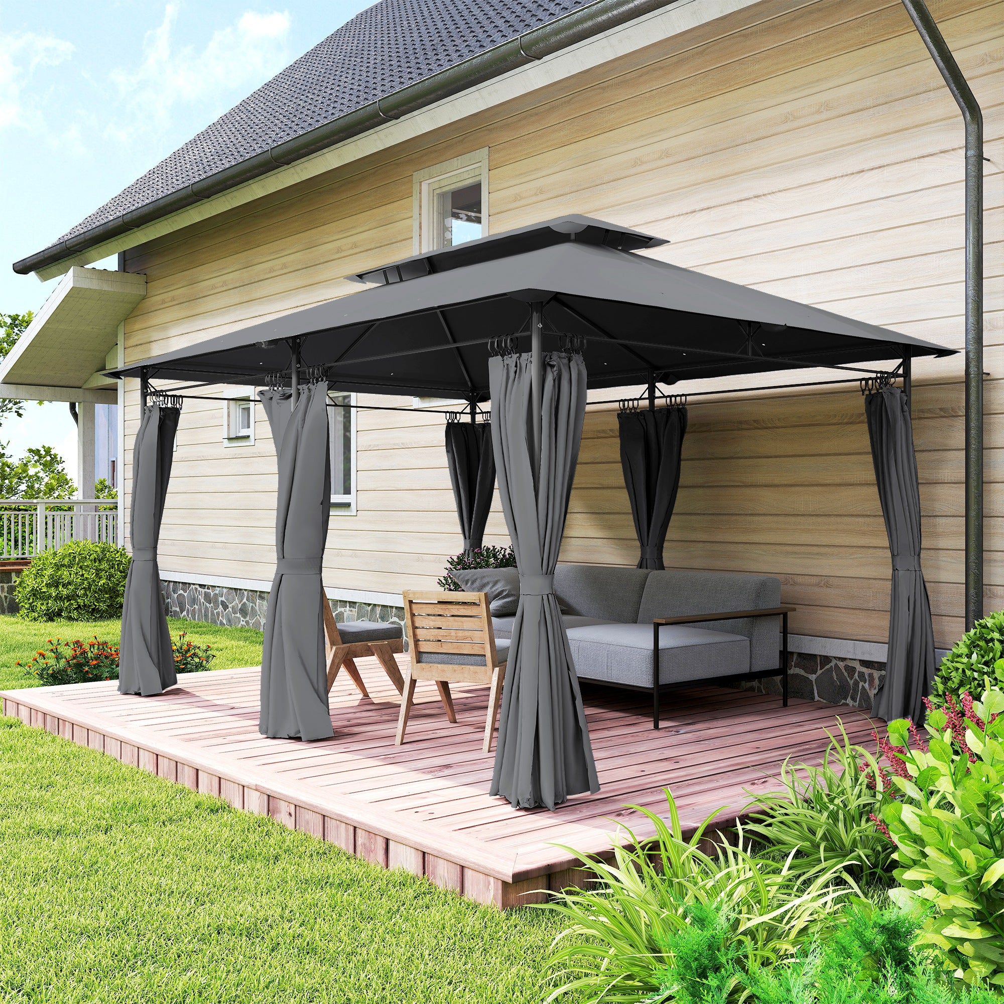 Patio Gazebo 10'x13' Double Roof Grey Curtains-DECOROLALA