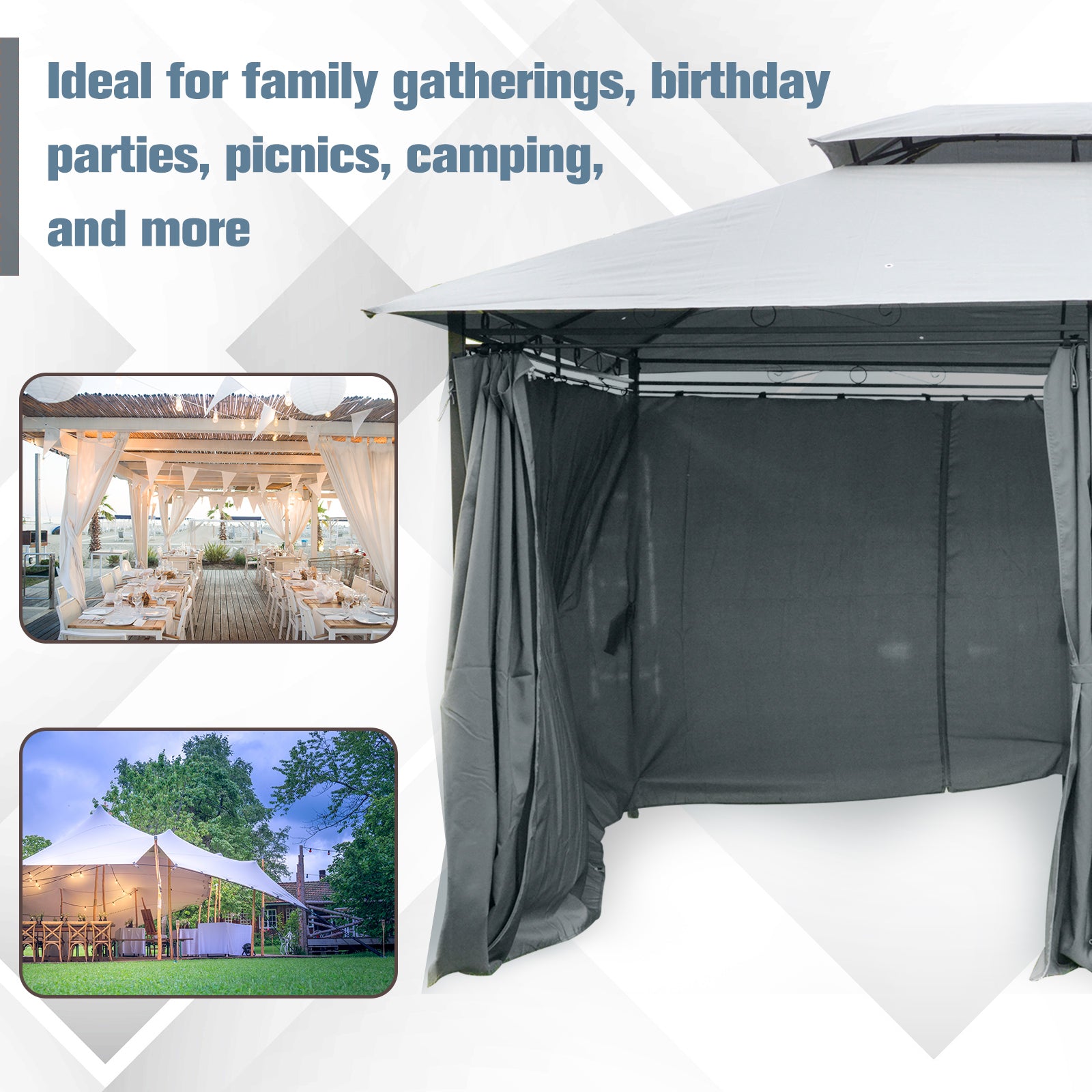 Patio Gazebo - 2-Tier 13x10 Grey Outdoor Shelter with UV Protection-DECOROLALA