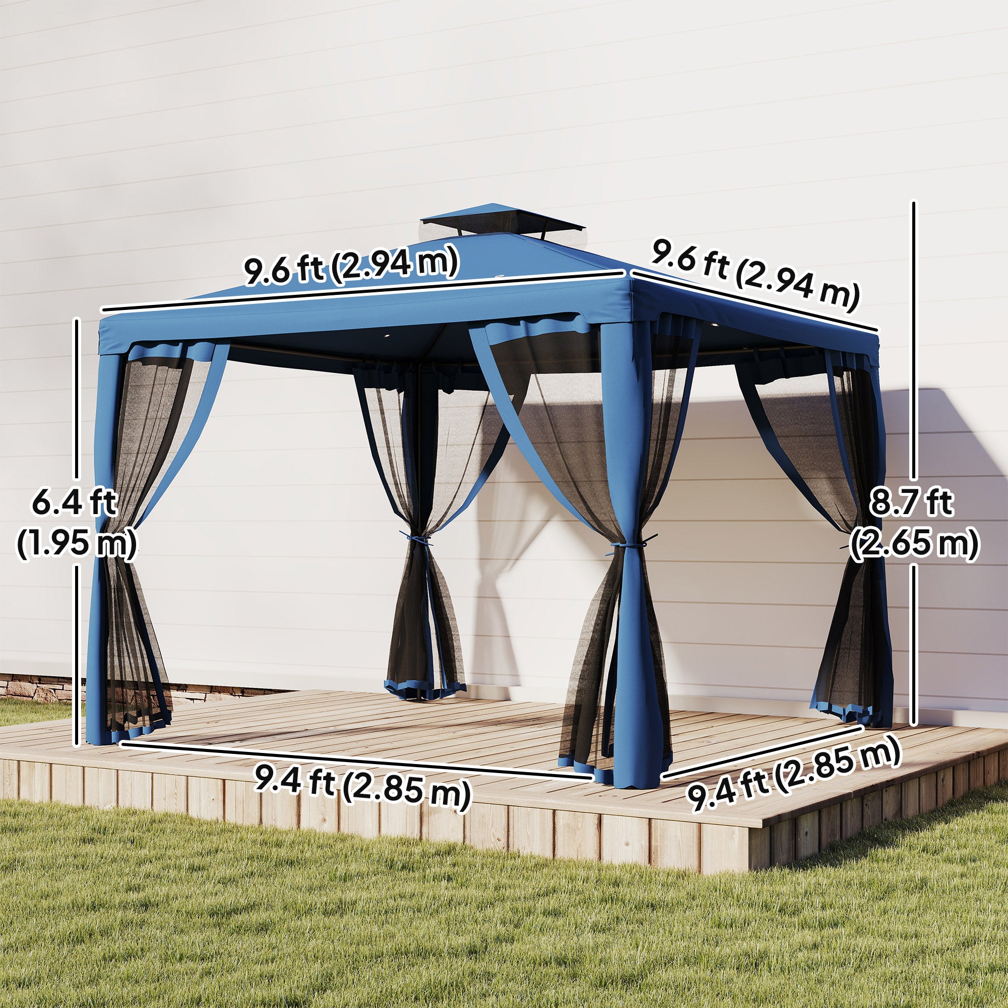 Patio Gazebo 9.6'x9.6' 2-Tier Dark Blue Mosquito Netting-DECOROLALA