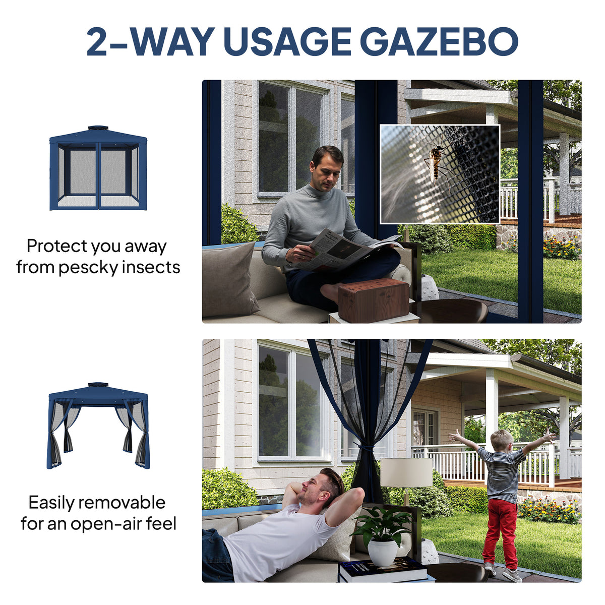Patio Gazebo 9.6'x9.6' 2-Tier Dark Blue Mosquito Netting-Gazebos-DECOROLALA