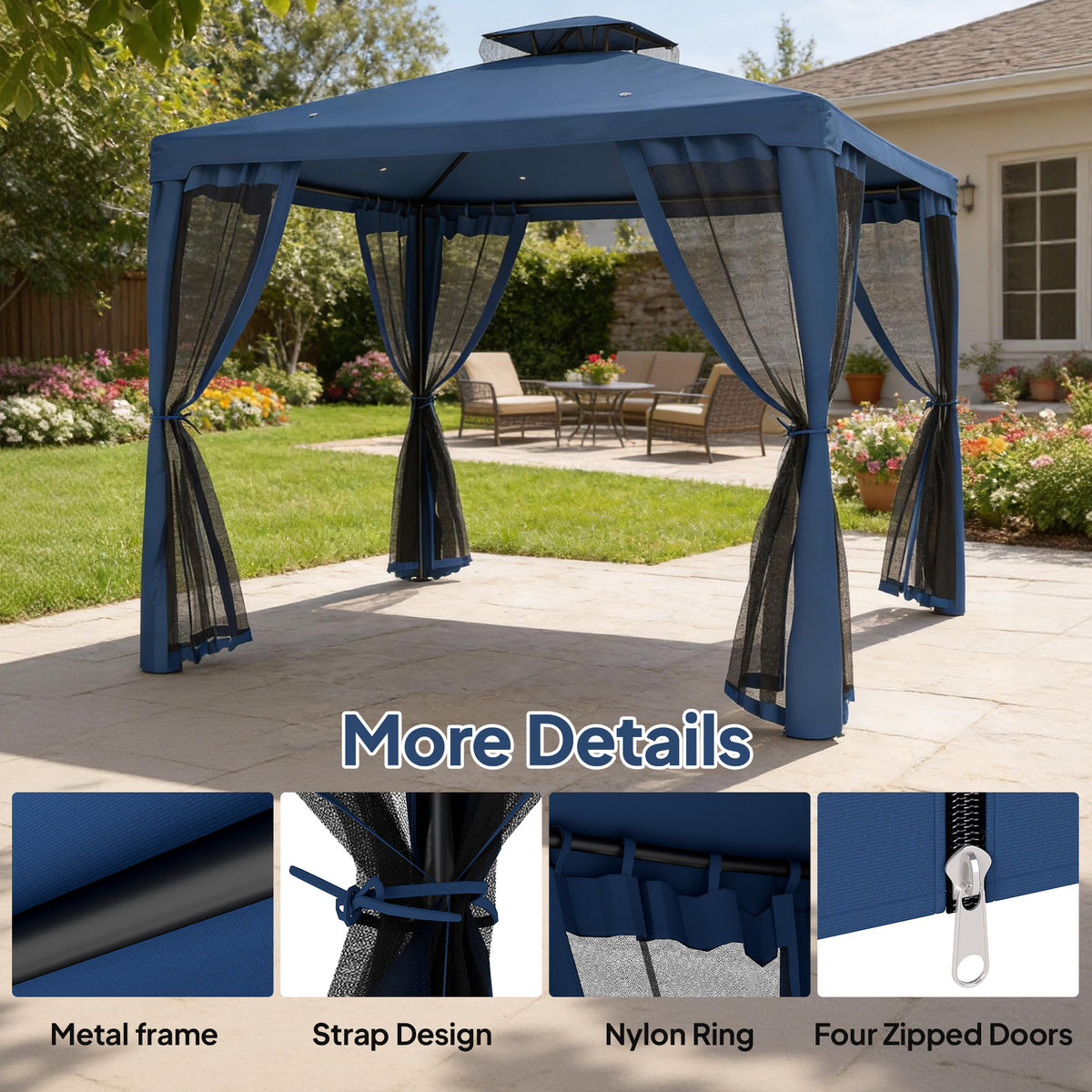 Patio Gazebo 9.6'x9.6' 2-Tier Dark Blue Mosquito Netting-Gazebos-DECOROLALA