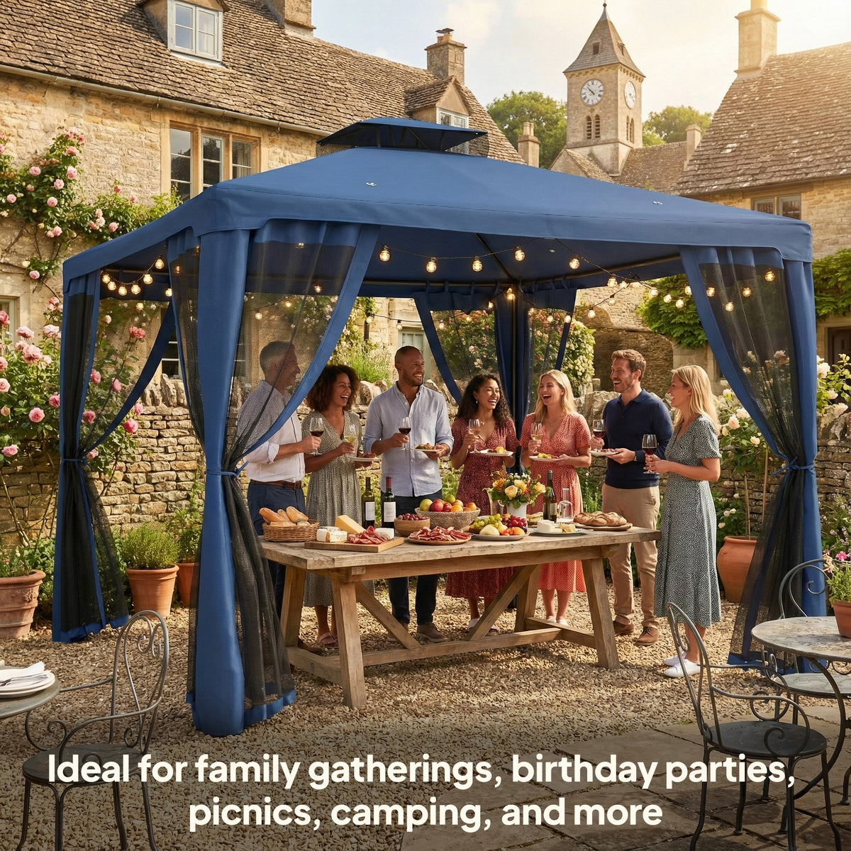 Patio Gazebo 9.6'x9.6' 2-Tier Dark Blue Mosquito Netting-Gazebos-DECOROLALA