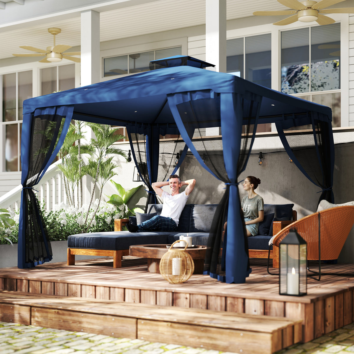 Patio Gazebo 9.6'x9.6' 2-Tier Dark Blue Mosquito Netting-Gazebos-DECOROLALA