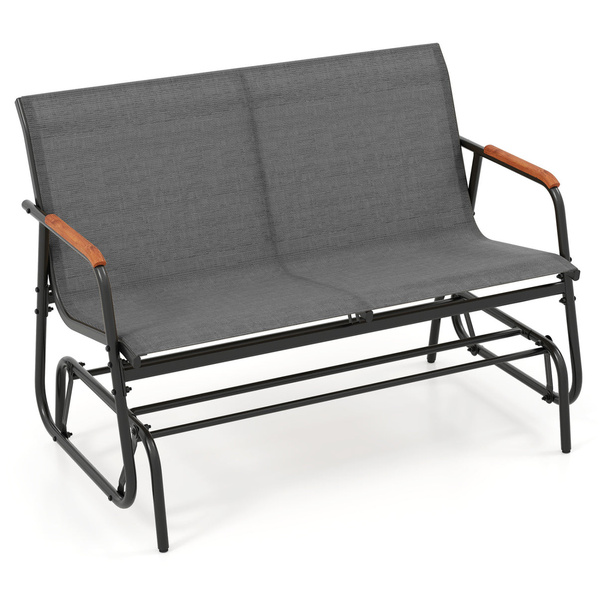 Patio Glider Bench with Curved Teak Armrests and Breathable Fabric Seat for 2 People-Gray-Outdoor Rocking Chairs & Gliders-DECOROLALA