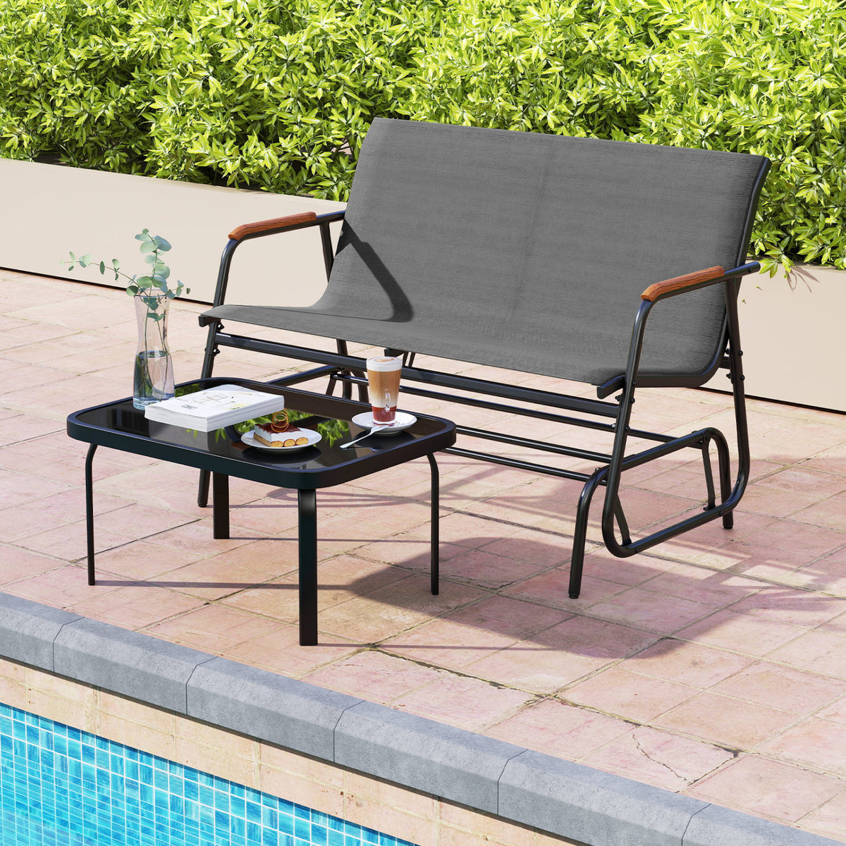 Patio Glider Bench with Curved Teak Armrests and Breathable Fabric Seat for 2 People-Gray-Outdoor Rocking Chairs & Gliders-DECOROLALA