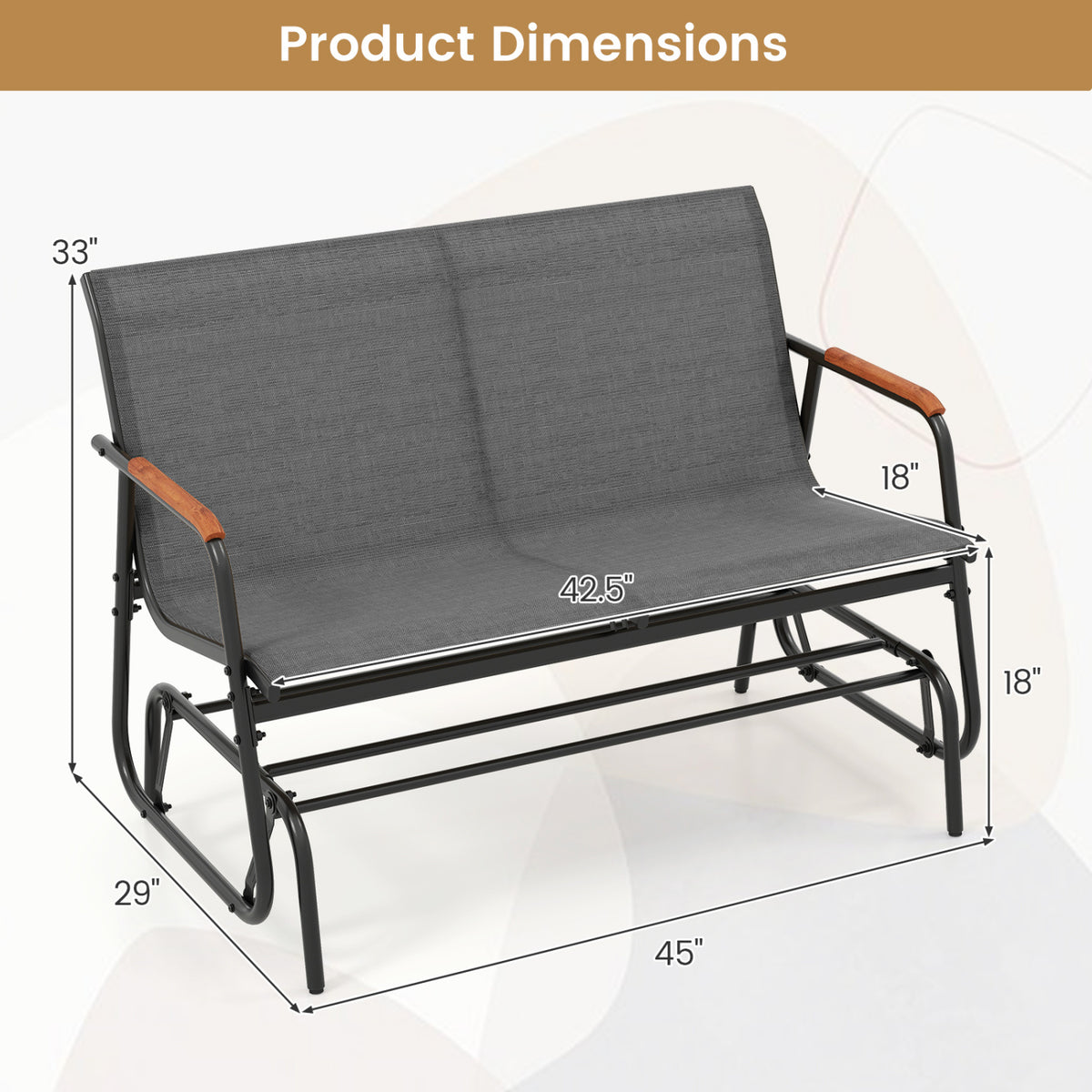 Patio Glider Bench with Curved Teak Armrests and Breathable Fabric Seat for 2 People-Gray-Outdoor Rocking Chairs & Gliders-DECOROLALA