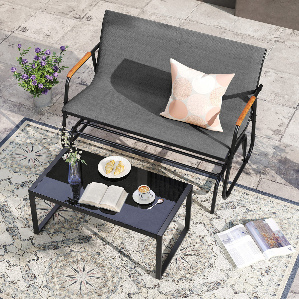 Patio Glider Bench with Curved Teak Armrests and Breathable Fabric Seat for 2 People-Gray-Outdoor Rocking Chairs & Gliders-DECOROLALA