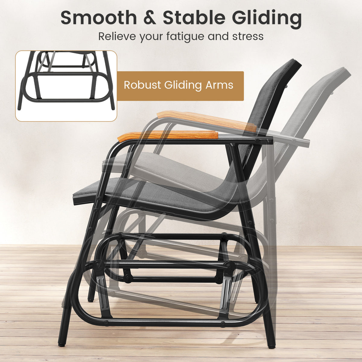 Patio Glider Bench with Curved Teak Armrests and Breathable Fabric Seat for 2 People-Gray-Outdoor Rocking Chairs & Gliders-DECOROLALA