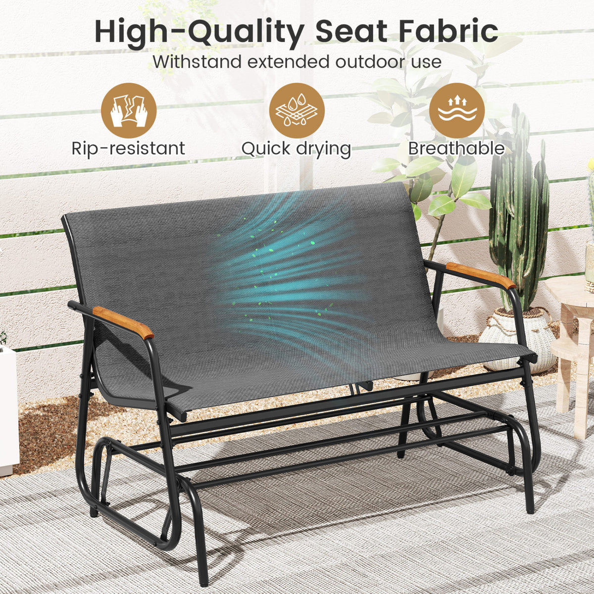 Patio Glider Bench with Curved Teak Armrests and Breathable Fabric Seat for 2 People-Gray-Outdoor Rocking Chairs & Gliders-DECOROLALA