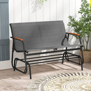 Patio Glider Bench with Curved Teak Armrests and Breathable Fabric Seat for 2 People-Gray-Outdoor Rocking Chairs & Gliders-DECOROLALA