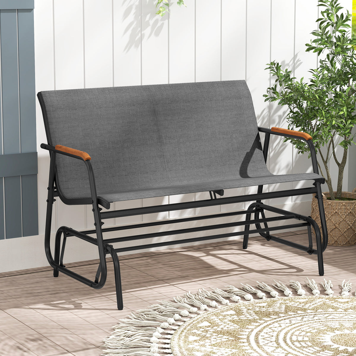 Patio Glider Bench with Curved Teak Armrests and Breathable Fabric Seat for 2 People-Gray-Outdoor Rocking Chairs & Gliders-DECOROLALA