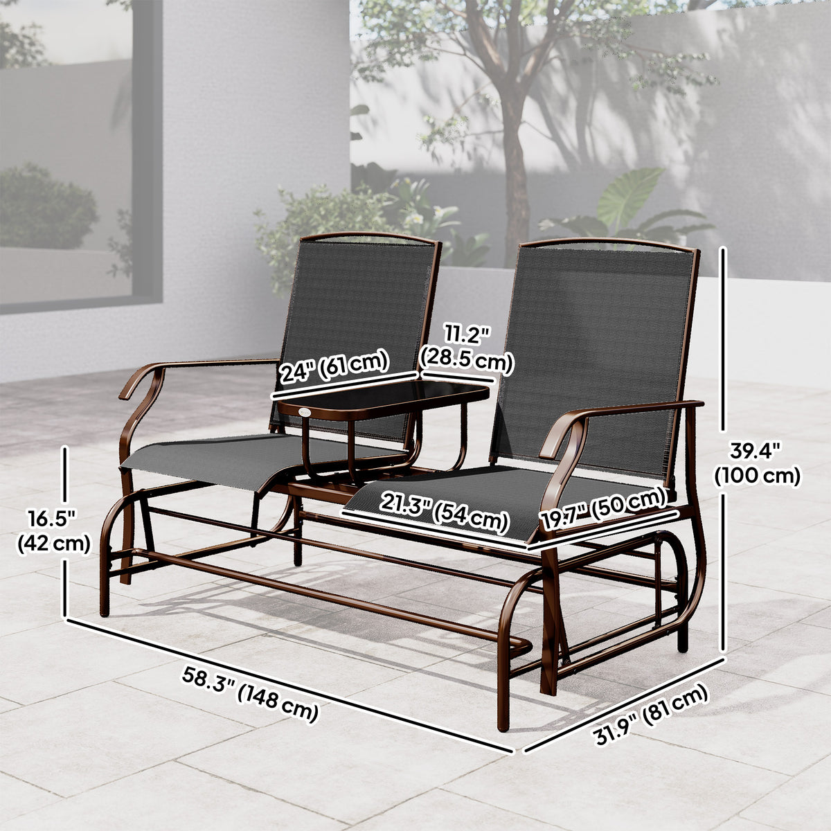 Patio Glider Rocking Chair 2 Person Loveseat - Black 58"-Outdoor Benches-DECOROLALA