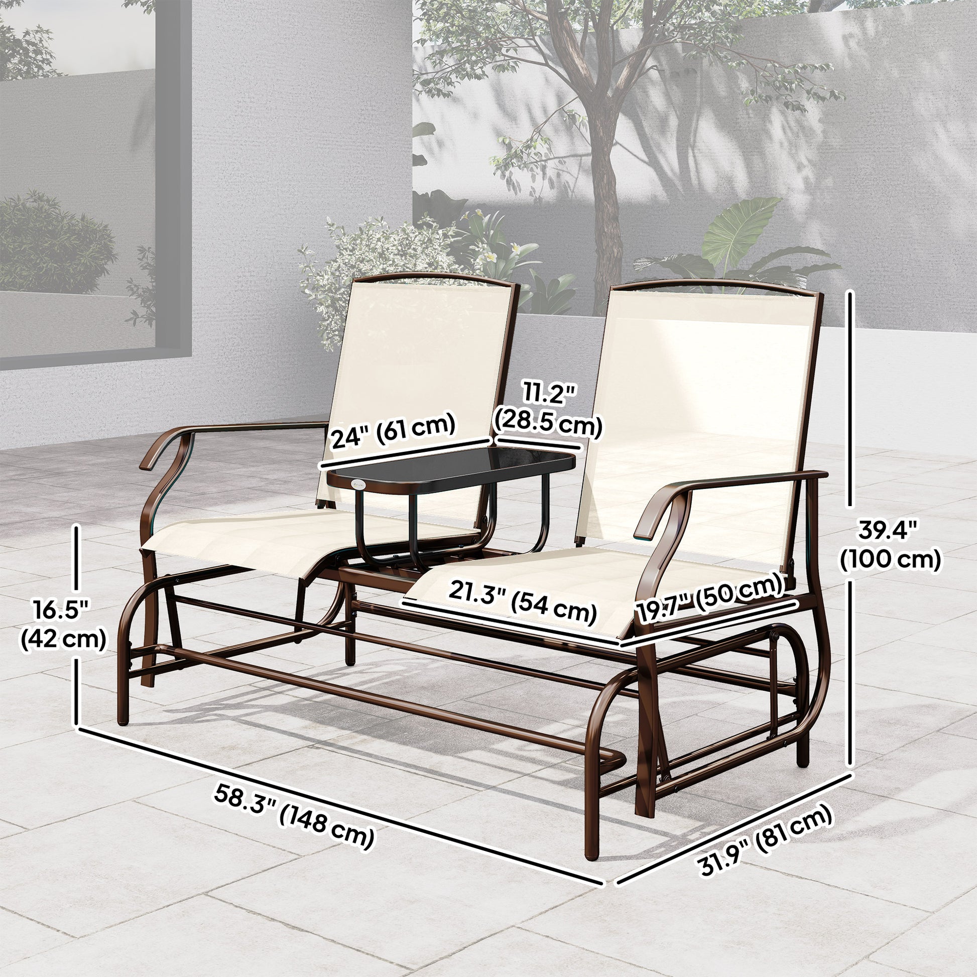 Patio Glider Rocking Chair 2-Seater, Beige Outdoor Loveseat Garden Bench-DECOROLALA
