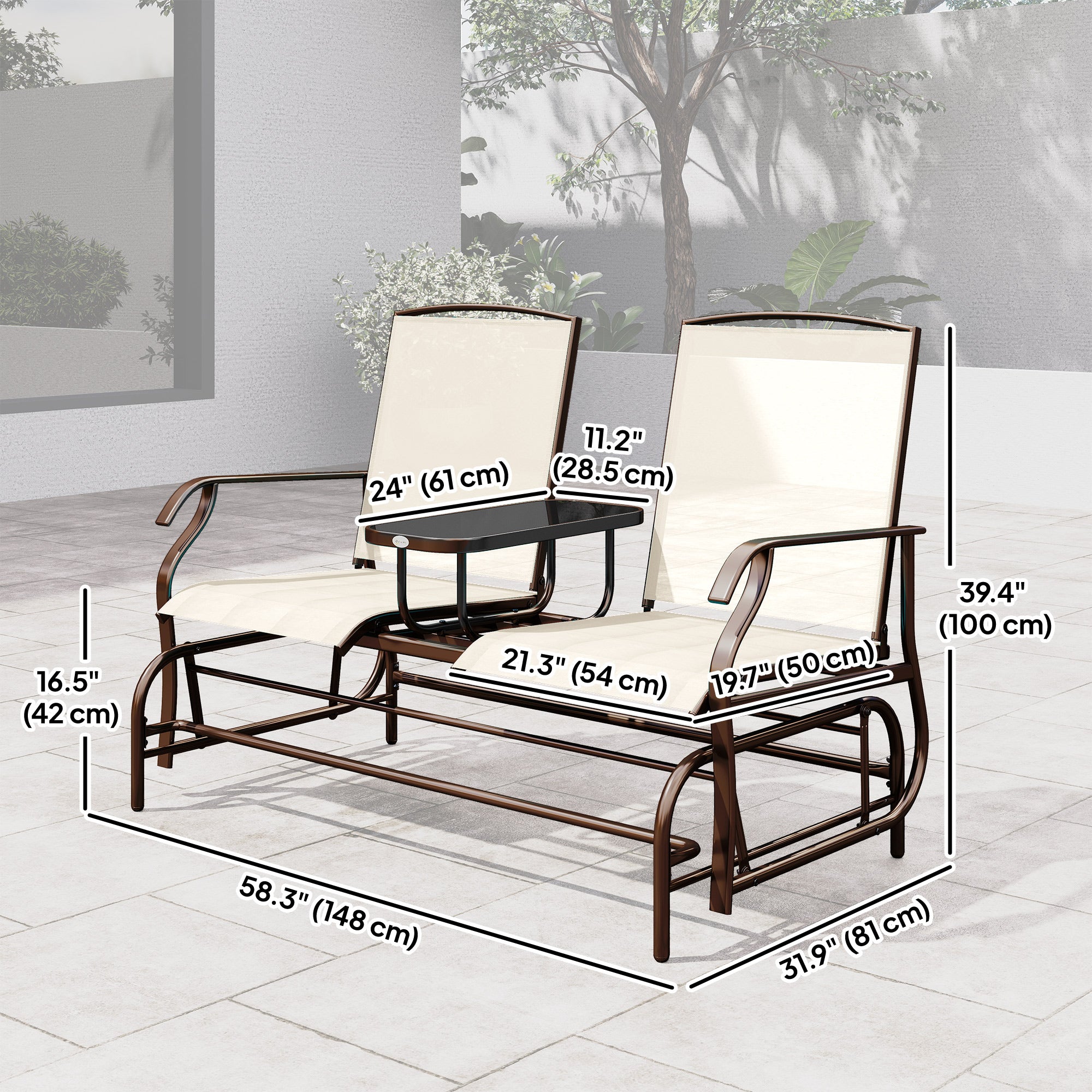 Patio Glider Rocking Chair 2-Seater, Beige Outdoor Loveseat Garden Bench-DECOROLALA