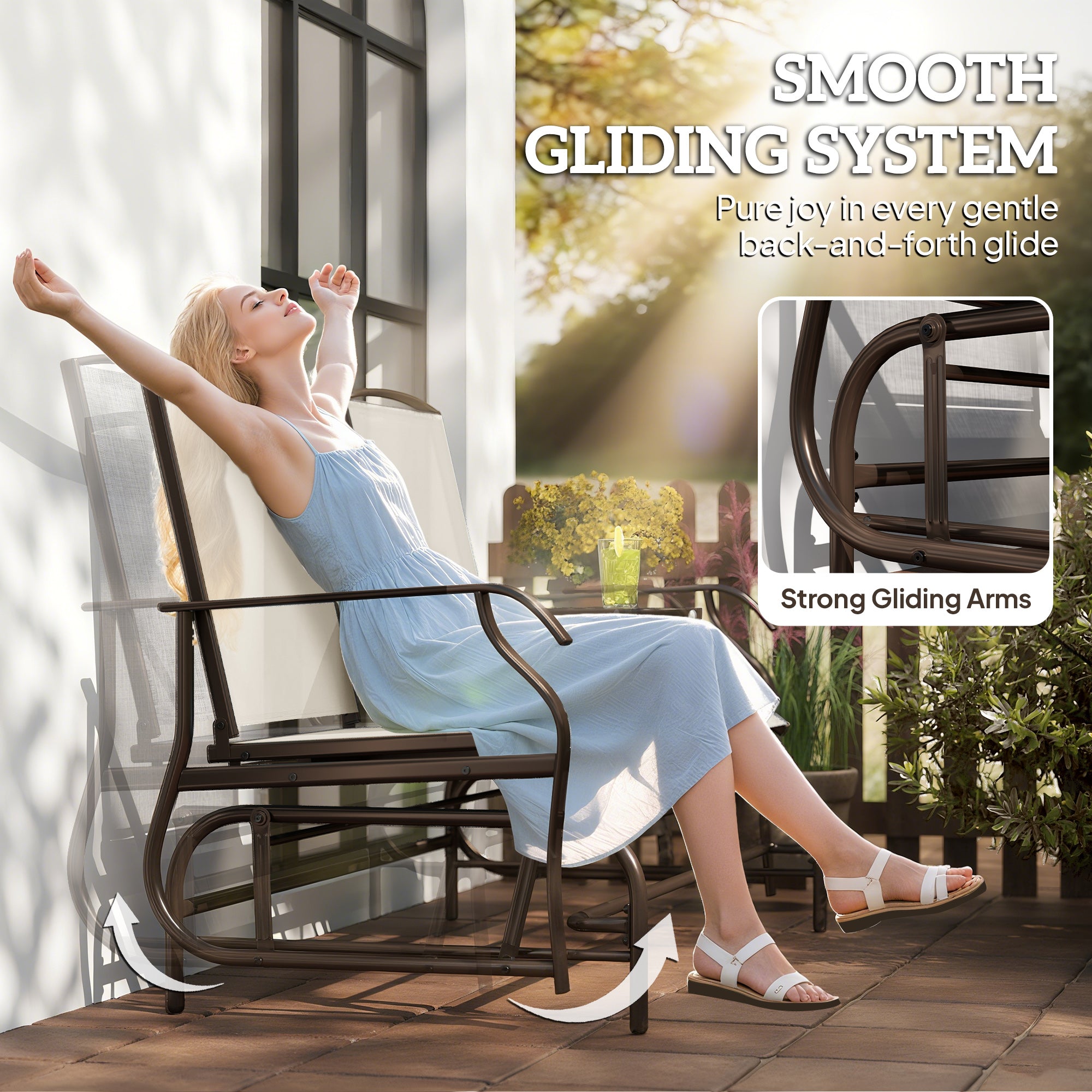 Patio Glider Rocking Chair 2-Seater, Beige Outdoor Loveseat Garden Bench-DECOROLALA
