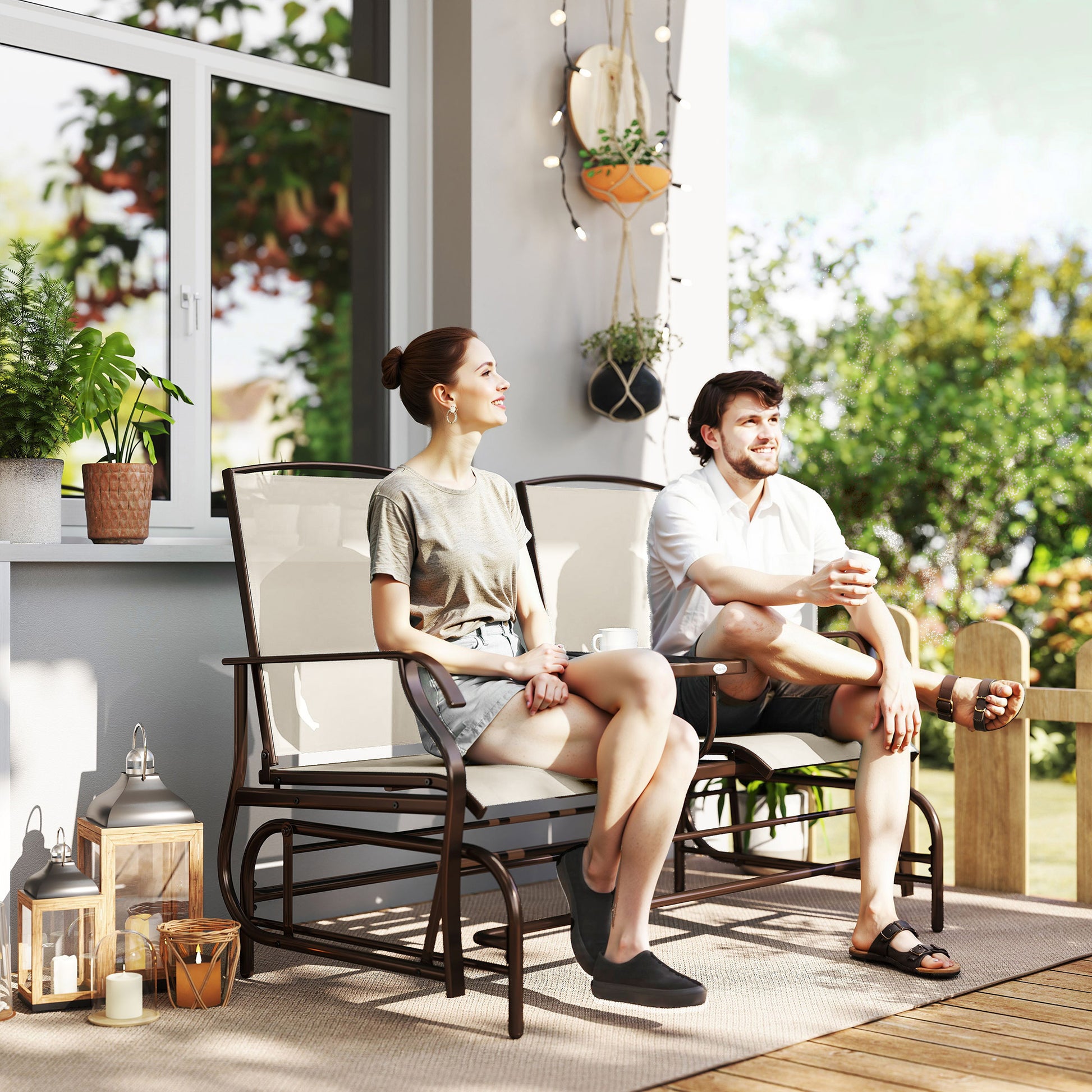 Patio Glider Rocking Chair 2-Seater, Beige Outdoor Loveseat Garden Bench-DECOROLALA