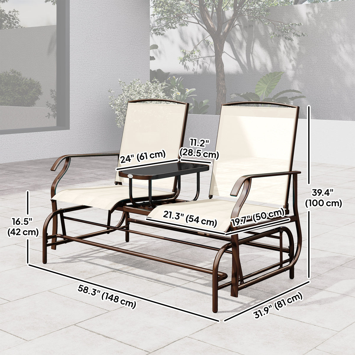 Patio Glider Rocking Chair 2-Seater, Beige Outdoor Loveseat Garden Bench-Outdoor Rocking Chairs & Gliders-DECOROLALA