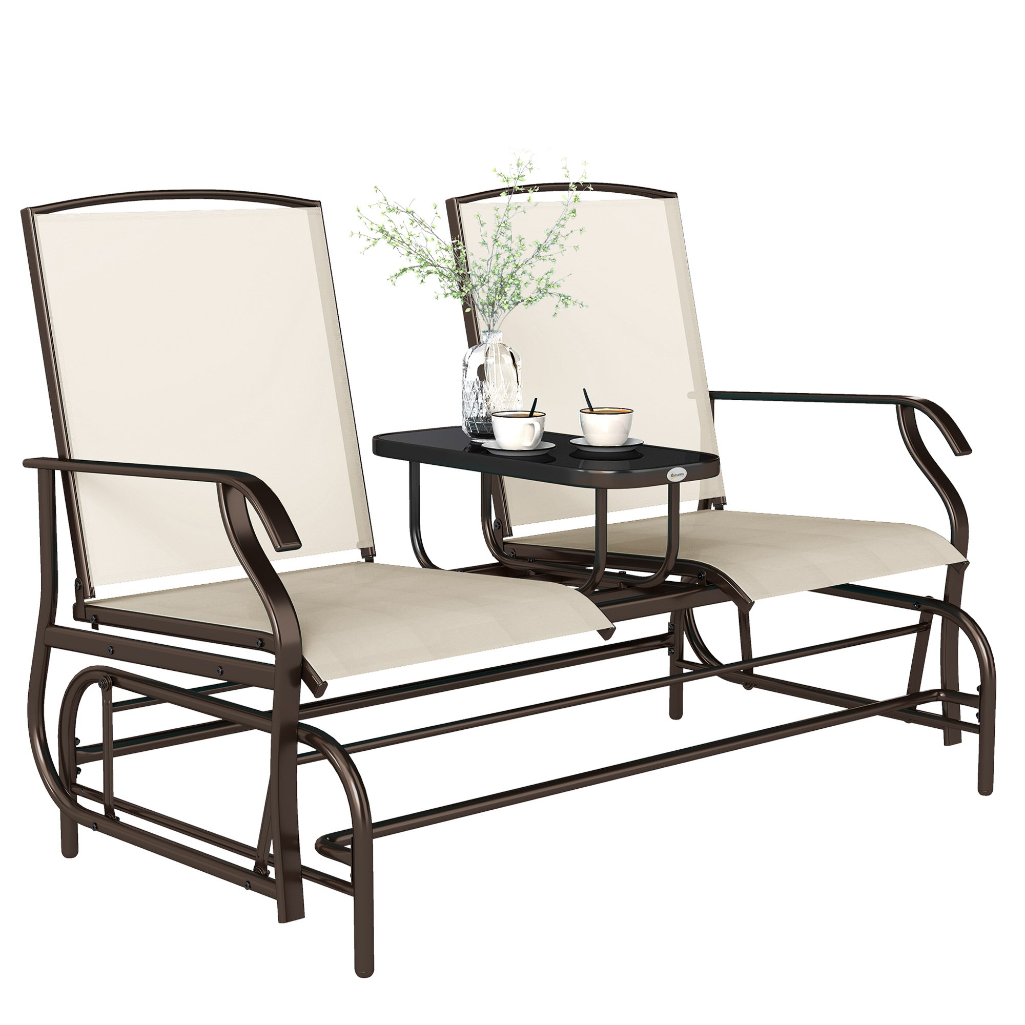 Patio Glider Rocking Chair 2-Seater, Beige Outdoor Loveseat Garden Bench-DECOROLALA
