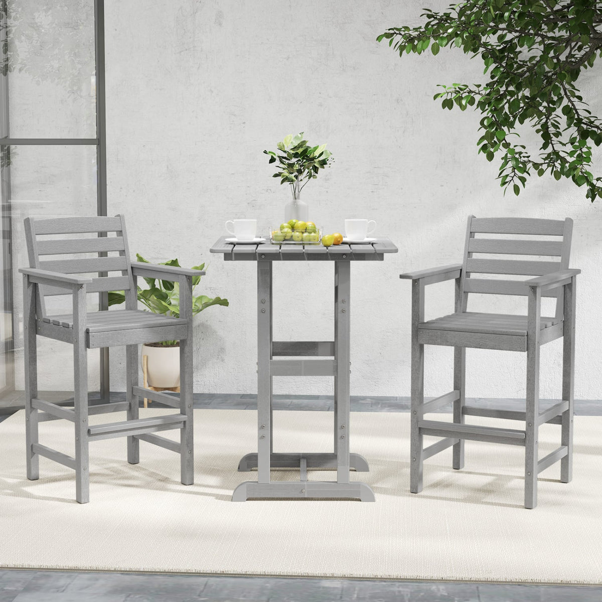 Patio HDPE Adirondack Bar Chairs Set of 2 with Wide Armrests-Gray-Outdoor Bar Furniture-DECOROLALA