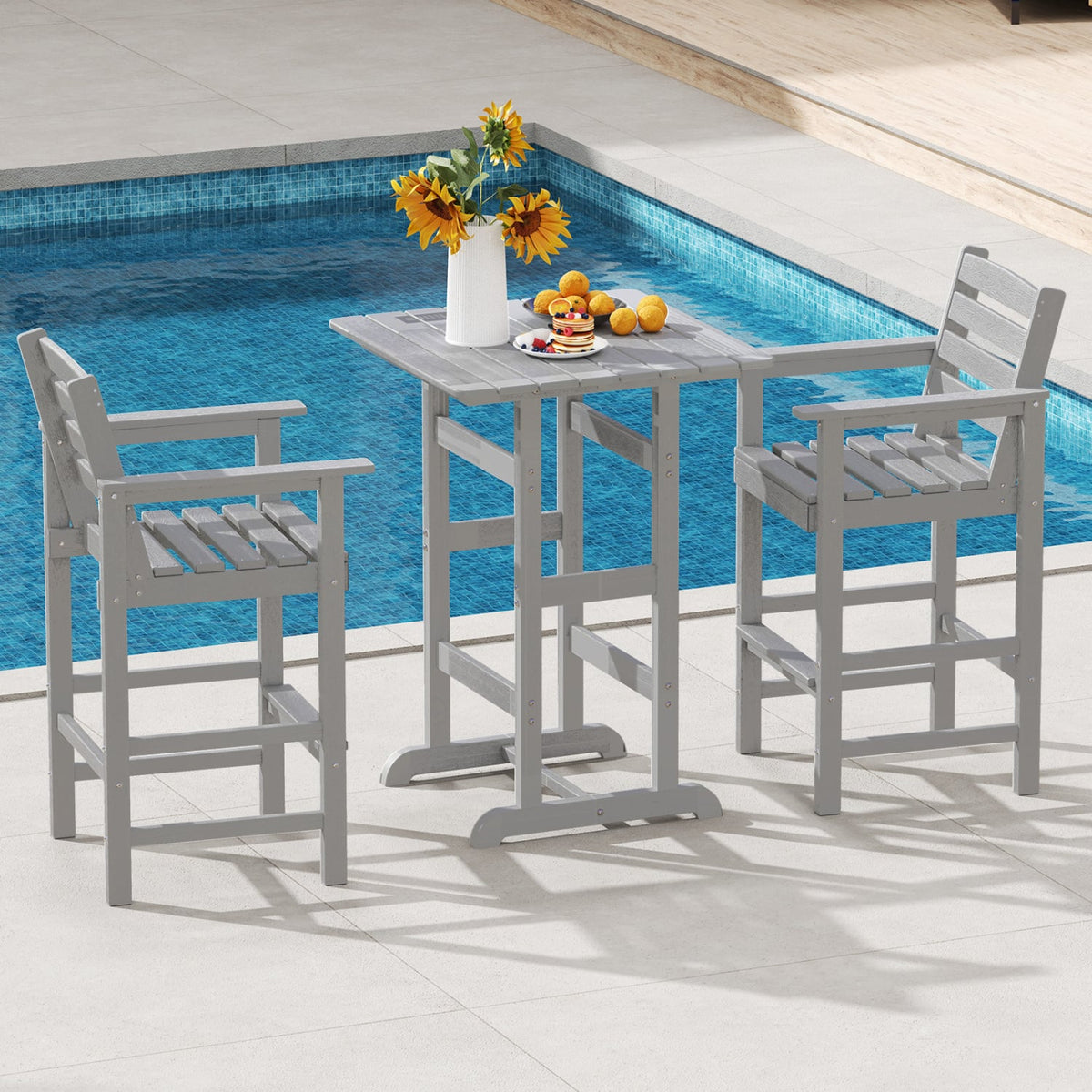 Patio HDPE Adirondack Bar Chairs Set of 2 with Wide Armrests-Gray-Outdoor Bar Furniture-DECOROLALA