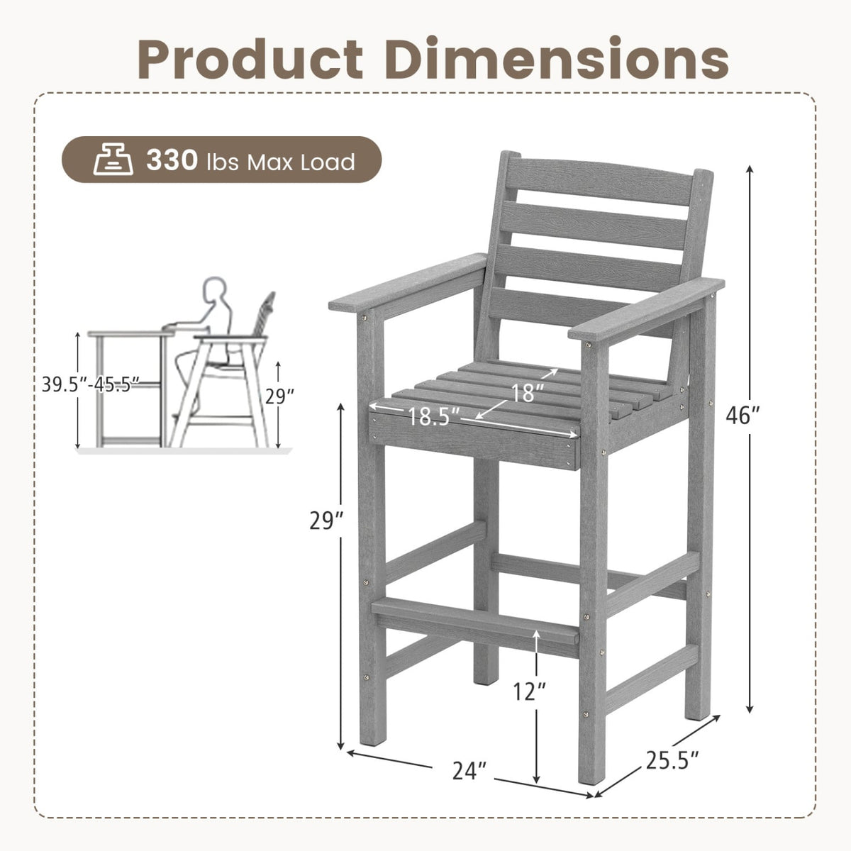 Patio HDPE Adirondack Bar Chairs Set of 2 with Wide Armrests-Gray-Outdoor Bar Furniture-DECOROLALA