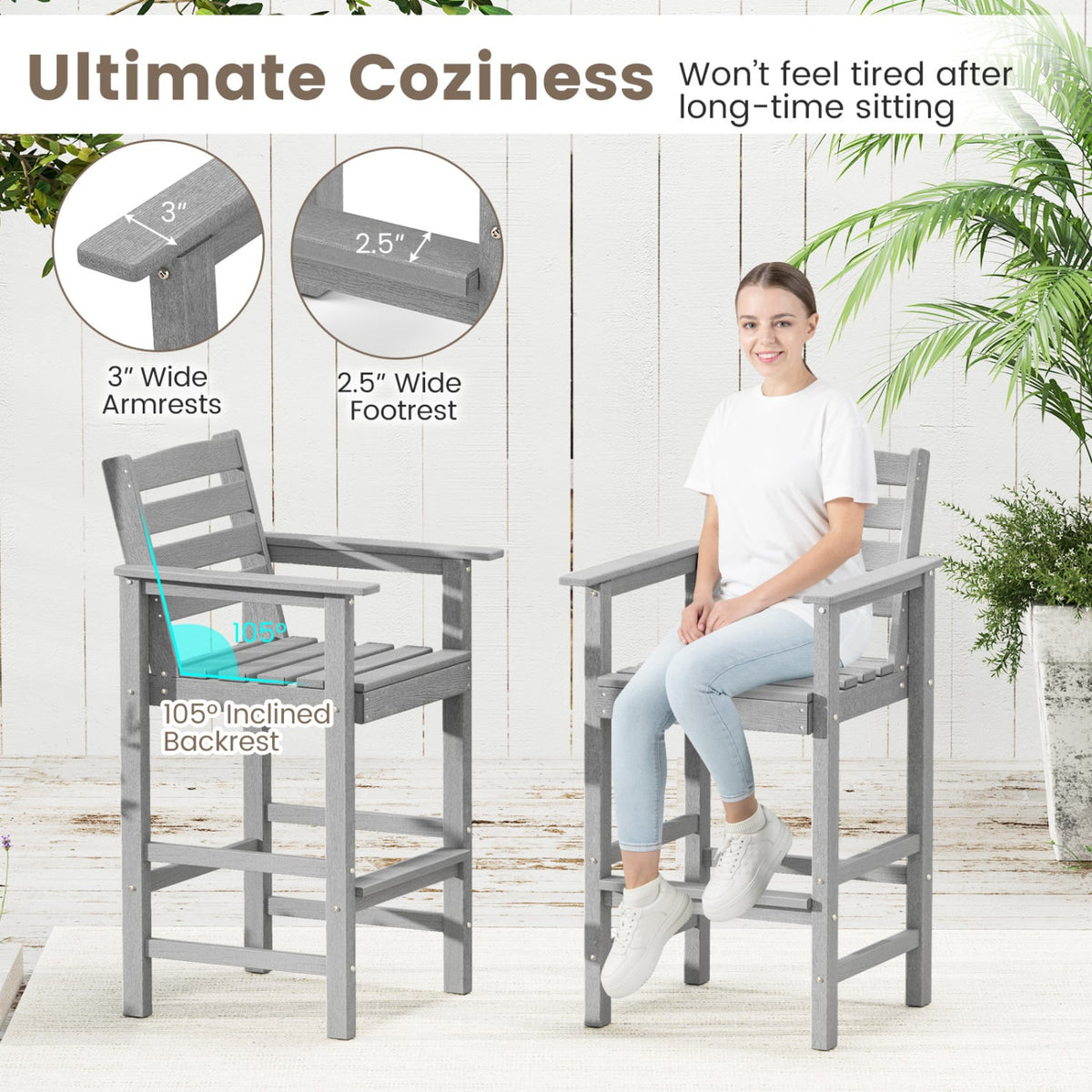 Patio HDPE Adirondack Bar Chairs Set of 2 with Wide Armrests-Gray-Outdoor Bar Furniture-DECOROLALA