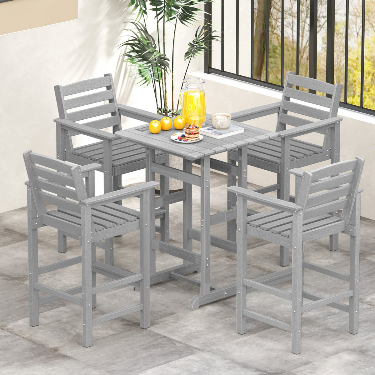 Patio HDPE Adirondack Bar Chairs Set of 2 with Wide Armrests-Gray-Outdoor Bar Furniture-DECOROLALA
