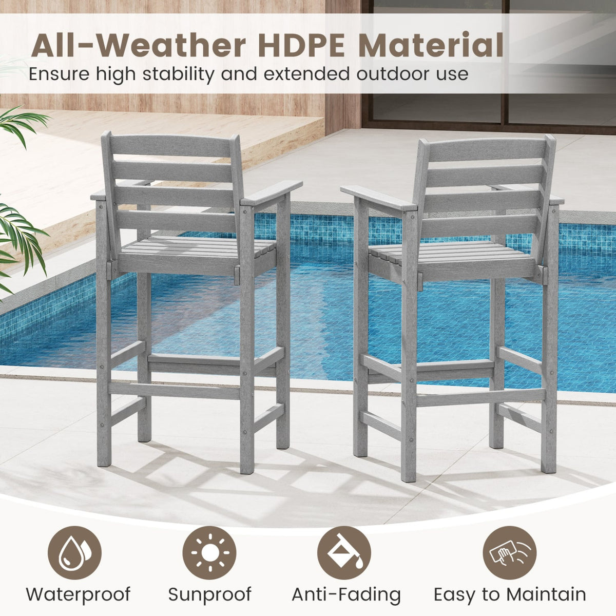 Patio HDPE Adirondack Bar Chairs Set of 2 with Wide Armrests-Gray-Outdoor Bar Furniture-DECOROLALA