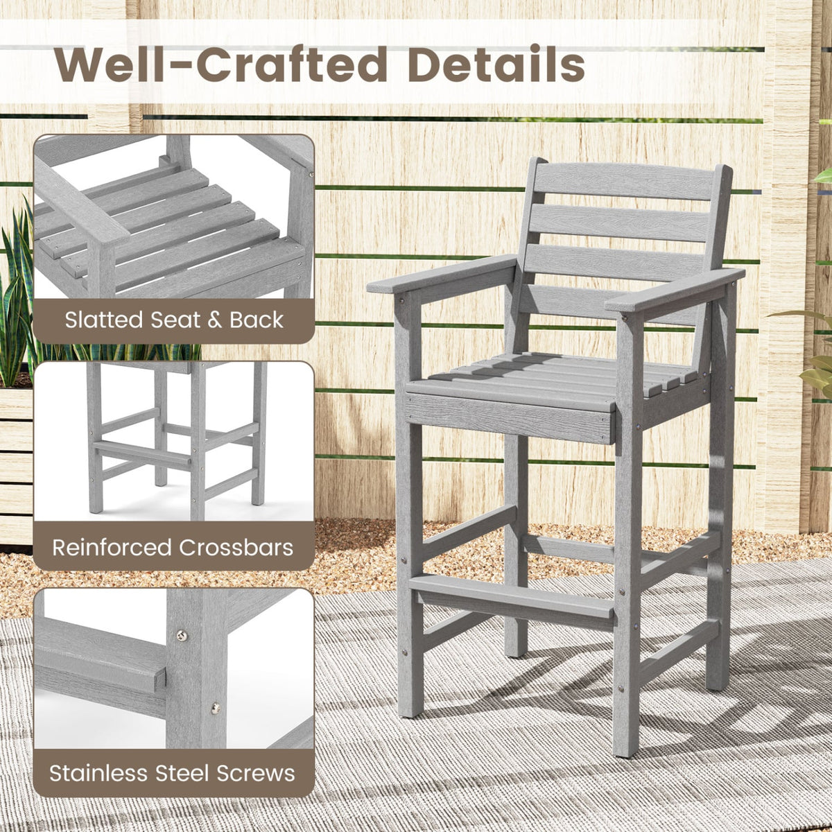 Patio HDPE Adirondack Bar Chairs Set of 2 with Wide Armrests-Gray-Outdoor Bar Furniture-DECOROLALA