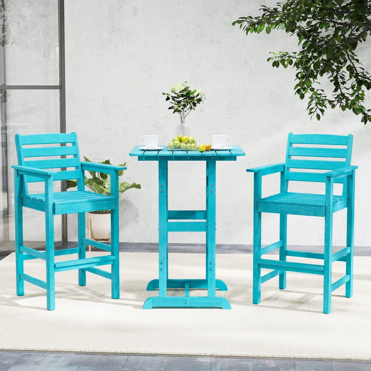 Patio HDPE Adirondack Bar Chairs Set of 2 with Wide Armrests-Turquoise-Outdoor Bar Furniture-DECOROLALA